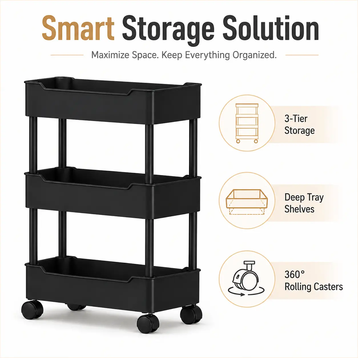 3-Tier Slim Rolling Utility Cart with Wheels, Deep Baskets & Drainage Shelves, Home Organizer for Bathroom, Kitchen