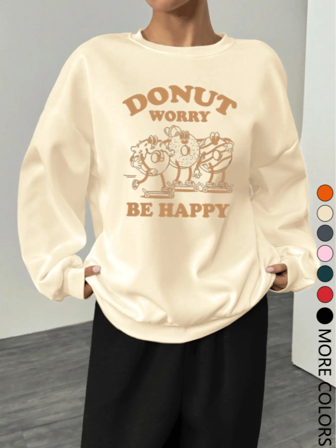 New Creative Simple Letter Donut Print Casual Pullover Long Sleeve Sweatshirt for Women, Trendy Multi-Color Options, Fall & Winter Fashion Top