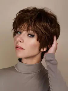 Layered Short Pixie Bob Human Hair Wig 6 Inches Top Dyed Gradient Brown Fashion Short Cut Design Premium Human Hair Material Full Thick Ends Skin Friendly Breathable Cap Comfortable All Day Wear For Modern Women Bob Wigs
