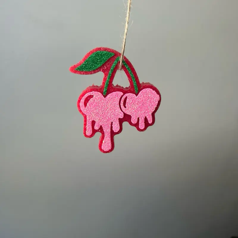 Cherry Car Freshie! Pink Glittery Cherry Hanging Decor with Green Leaf Detail