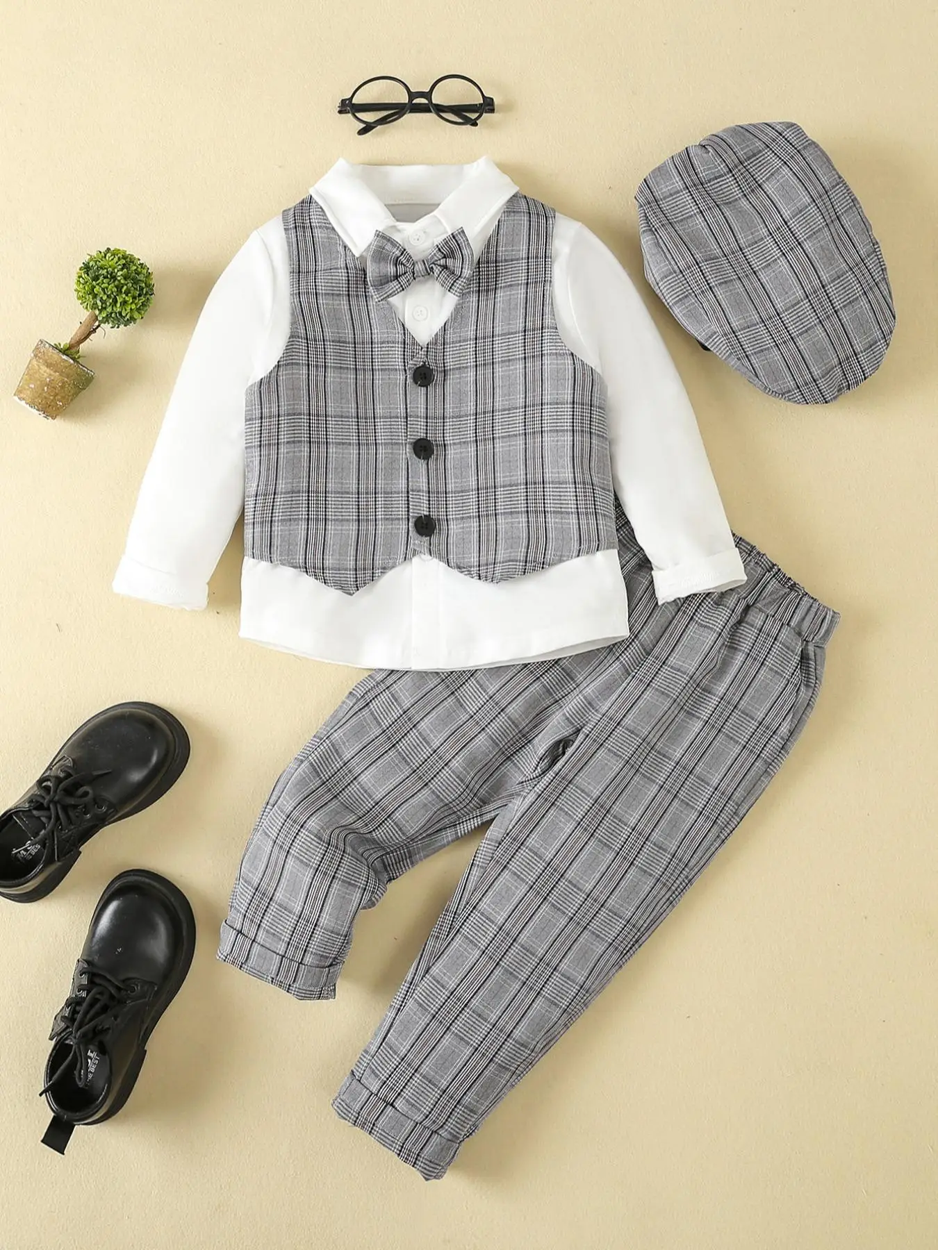 Boy's Plaid Print Button Front Vest Blazer & Plain Bow Decor Long Sleeve Shirt & Elastic Waist Pants & Hat Set, Elegant Formal Outfits for Birthday Pa