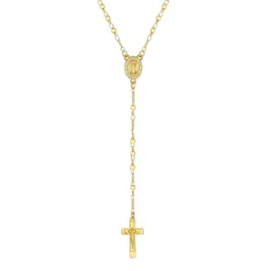 MP Faith Rosary Necklaces 14K Gold Plated Virgin Mary Cross Pendant Charms Copper Jewelry Long Bead Chain Non Tarnish Decor Accessories for Women Men everyday Golden Cubic Zirconia Pendant Necklace
