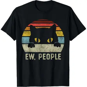 100% Cotton Ew People Retro Cat Funny Vintage Anti Social Introvert T-Shirt