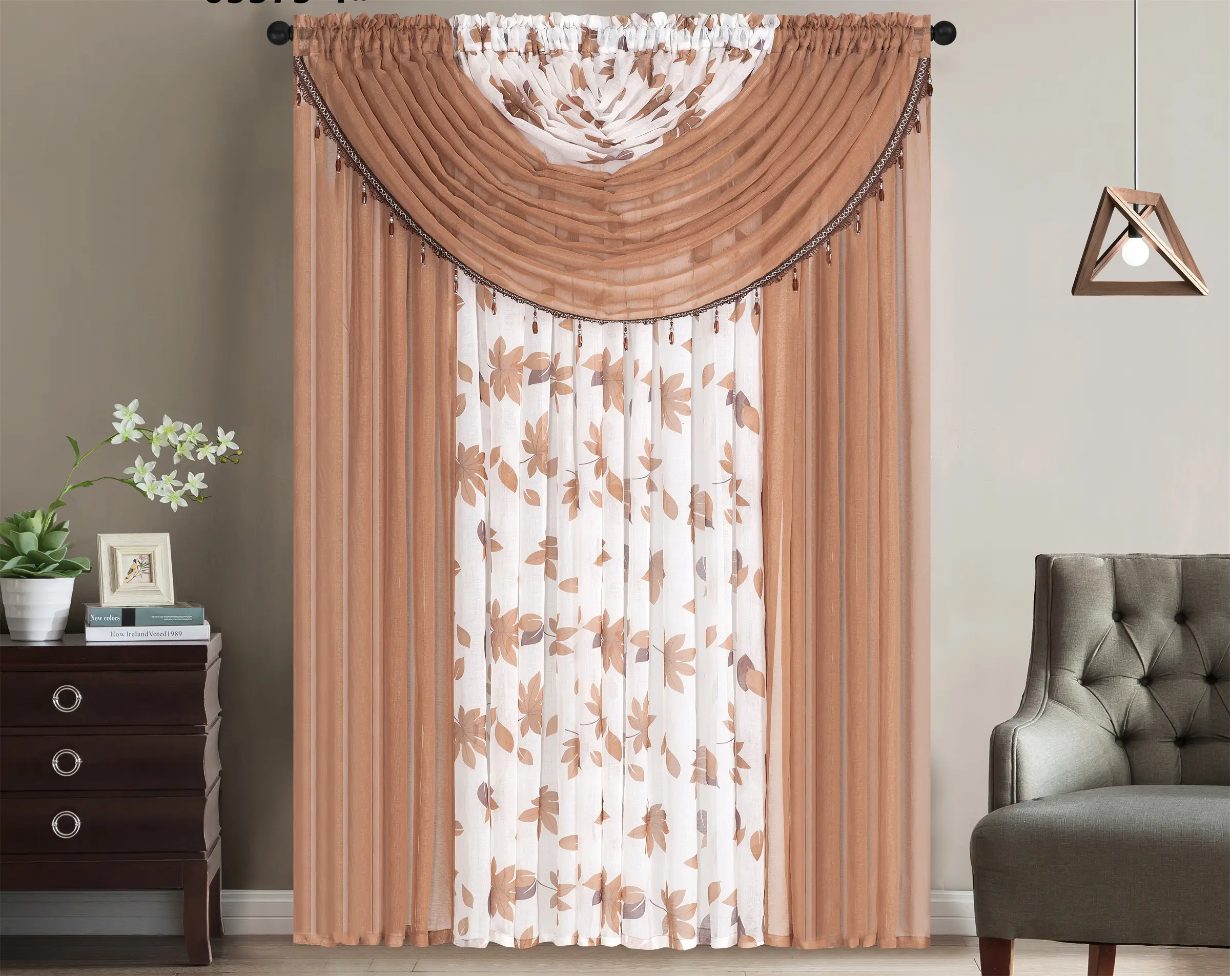 Bollft All in One Luxury Sheer Curtain with 4 Attached Panels (53"x84" Each) and 2 Attached Valances with Beads and 2 Tiebacks Maple Leaf shack