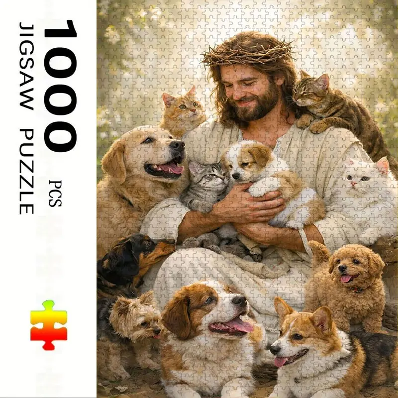 1000 Piece Jesus Cat Dog Puzzle Toy, Large Adult Family Interactive DIY Home Decor Brain Challenge, Holiday Scene, Perfect Gift