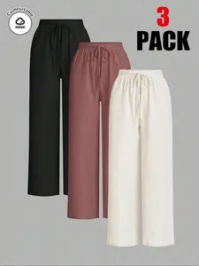 Women's 3-Piece Set, Solid Plain Drawstring Waist Adjustable Wide-Leg Pants, Loose-Fitting Casual Long Pants, All-Season Comfortable Wear, Bottoms