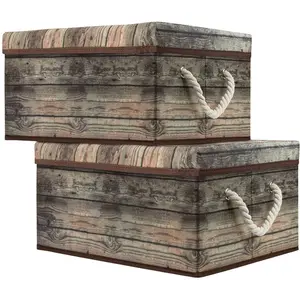 Rustic Wood Pattern Storage Box Set (2-Pack) Basket Organiser Decorative Bin Collapsible Cotton