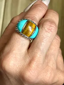 Tiger’s Eye Turquoise Sterling Silver Ring. Boho Statement Ring. Size 6.