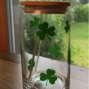 Shamrock Glass Cup with Bamboo Lid, Reusable Straw, and Decorative St Patrick's Day Design