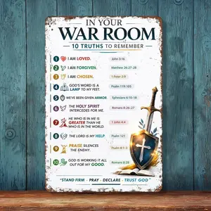 Retro Christian Metal Aluminium War Room Wall Decor Plaque - 8x12 in Sign, "In Your War Room 10 Truths To Remember", Spiritual Prayer Closet Reminder, Faith Gift