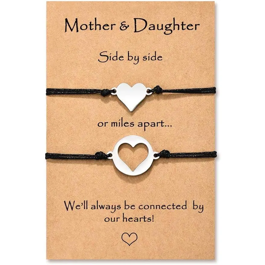 Matching Heart Bracelets for Mom & Daughters, Handmade Heart Shaped Set on Adjustable Slip-on Nylon Cord, Gift Set, Adjustable Size, Heart Charm