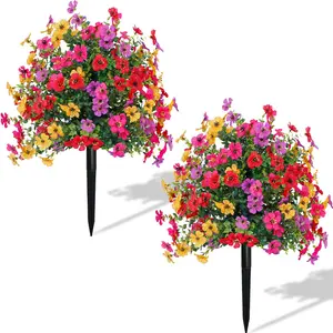 2 Bundles Artificial Violet Rose Bushes, Outdoor UV Resistant Waterproof Artificial Fake Flowers, Decorative Flowers, Garden Porch Patio Decor, Low Maintenance No Watering Needed  Summervibes