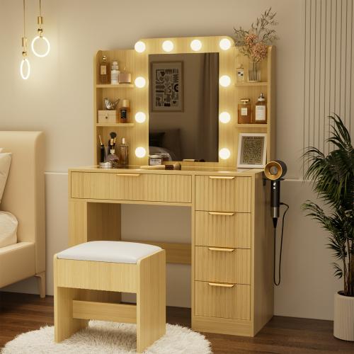 [Bellemave]Vanity Table with Mirror and Lights, Vanity Desk and Cushioned Stool Set with Charging Station, Storage Drawers and Transparent Tabletop for Women Girls Bedroom,