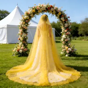 One-piece set, luxurious yellow holiday party tulle with pearl embellishments, perfect for romantic spring wedding ceremony venues. Use as table runner/arch/dessert table/chair back tie ribbons. Ideal for Valentine's Day. Sizes 161/303 or 502cm.