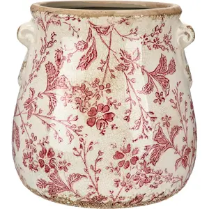 Ceramic Scroll Planter 6.5 Inch Chinoiserie Floral Vase with Drainage Holes Vintage Flower Vase Flower Pot Rustic Ceramic Pots for Indoor Plants Garden Home Bookshelf Decor(Retro Pink)