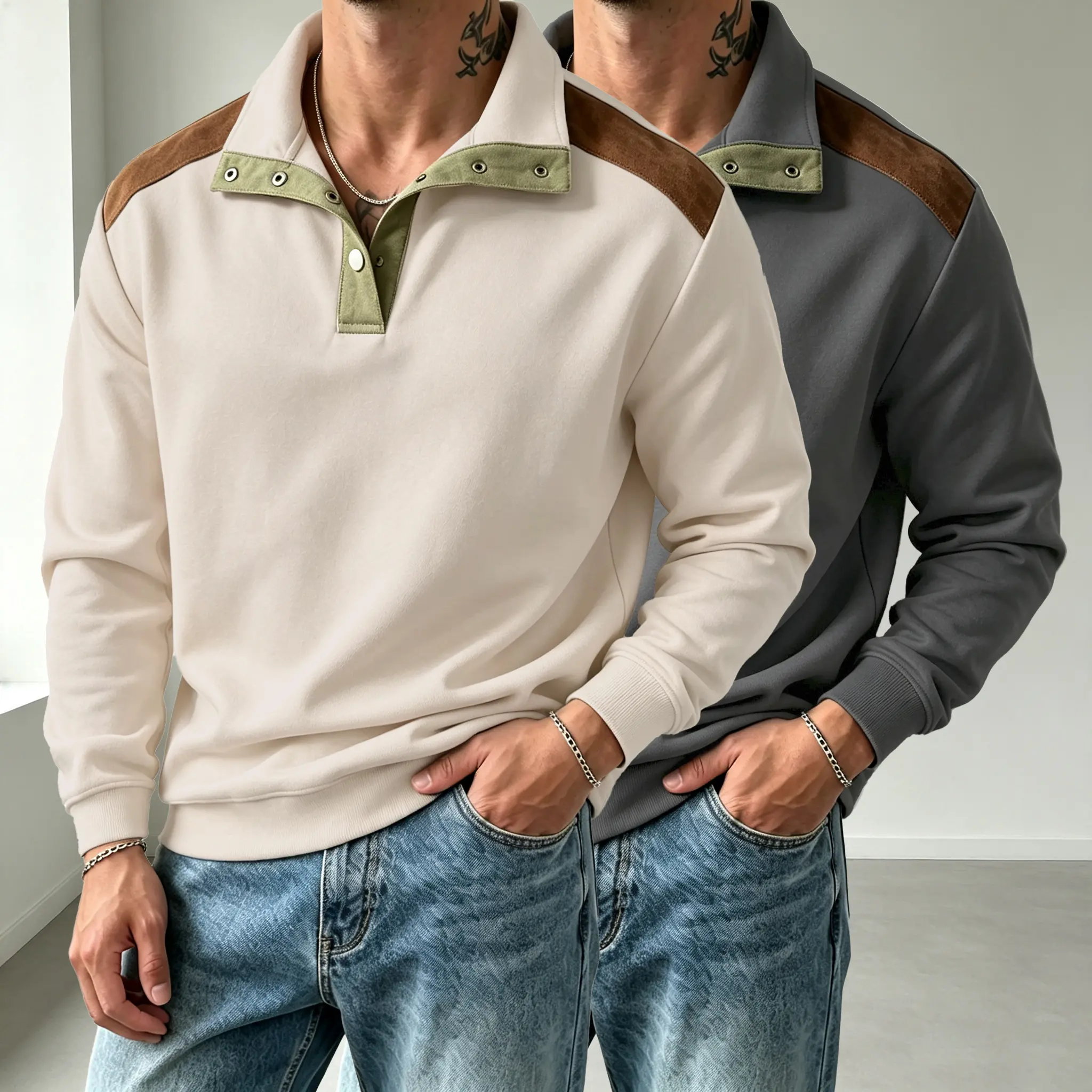 Men’s Stylish Color-Block Pullover Sweatshirt - Menswear Tops with Full Sleeve, Vintage Casual Half-Zip Stand Collar, Elbow Patches, Comfortable Fabric for Everyday Wear, Outings