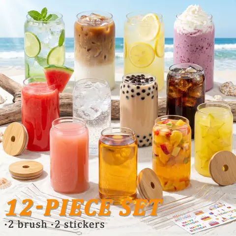 Durable Reusable Glass Tumblers Set - 500-1000ml High-Capacity Cylindrical Cold Brew Drinkware with Bamboo Lids & Straws, Solid Kitchenware, Perfect for Gifting, Drinking Glass Set