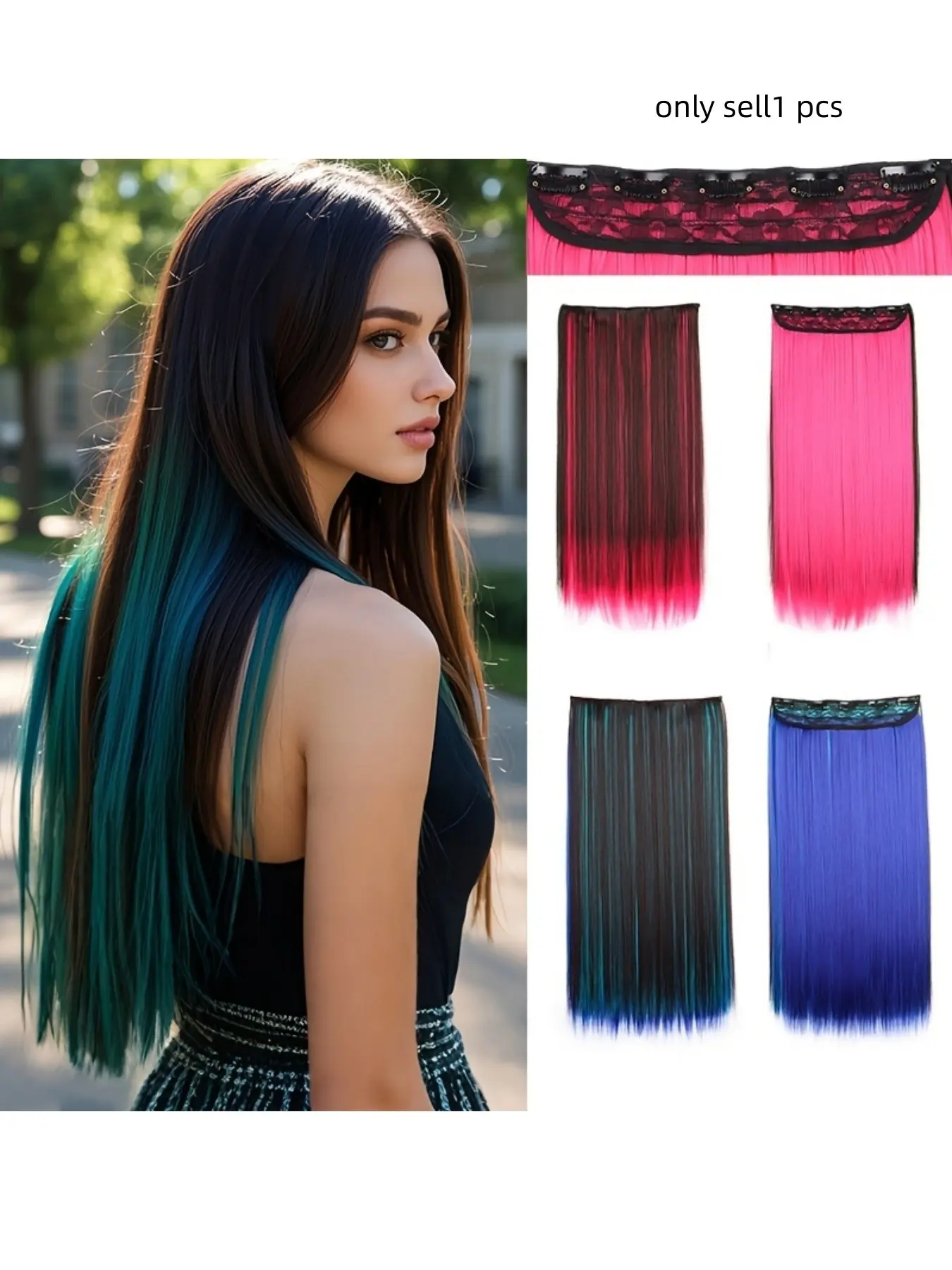 Rainbow Clip-in Hair Extensions, Clip On Hairpieces, Single Strand, Long, Straight Style, Crafted from heat-resistant synthetic fibers, essential for women's daily styling and party occasions