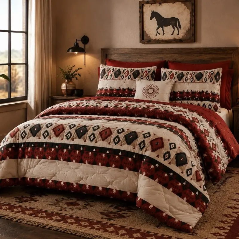 Queen Size Southwest Desert Aztec Borrego 5-Piece Comforter Bed Set, Orange Brown Print Geometric Graphic Bedding Set Collection, All-Season Bedroom Bundle, Orange Brown Print Bedding Sets Collections
