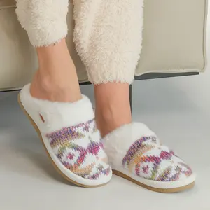 C.C Ombre Aztec Knitted Slippers with the Faux Fur Cuff winter indoor Footwear women's   Flipflop Stylish Comfort Soft Women's Fluffy Luxury Slippers Girl Shoe Slide Dance