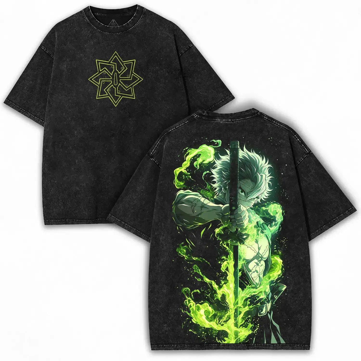 Sanemi Green Slash Demon Slayer Oversize Short-Sleeve Cotton T-Shirt for Anime Enthusiasts - Neon Blade Energy Washed Top, Men's Basic Apparel, Seamless
