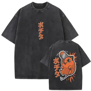 Chainsaw Man Denji Pochita Vintage Washed Retro T-Shirt Funny Cartoon Graphic Tee Oversized Unisex Cotton Streetwear Casual Manga Anime Top for Men Women