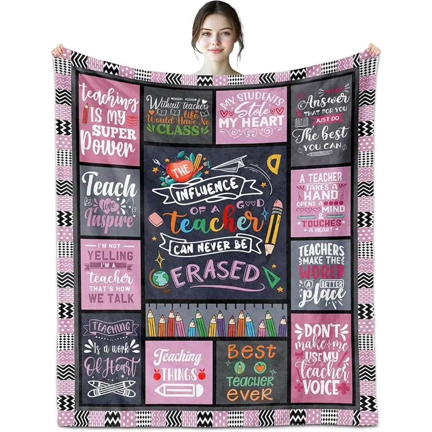 Best Teacher Ever Patchwork Teacher Quote Fleece Blanket,Boho Pink & Black Teacher Throw Blanket,Teacher Gift for Women Female,Teacher Appreciation Birthday Gift,Teachers Thank You Gift Throw Blanket