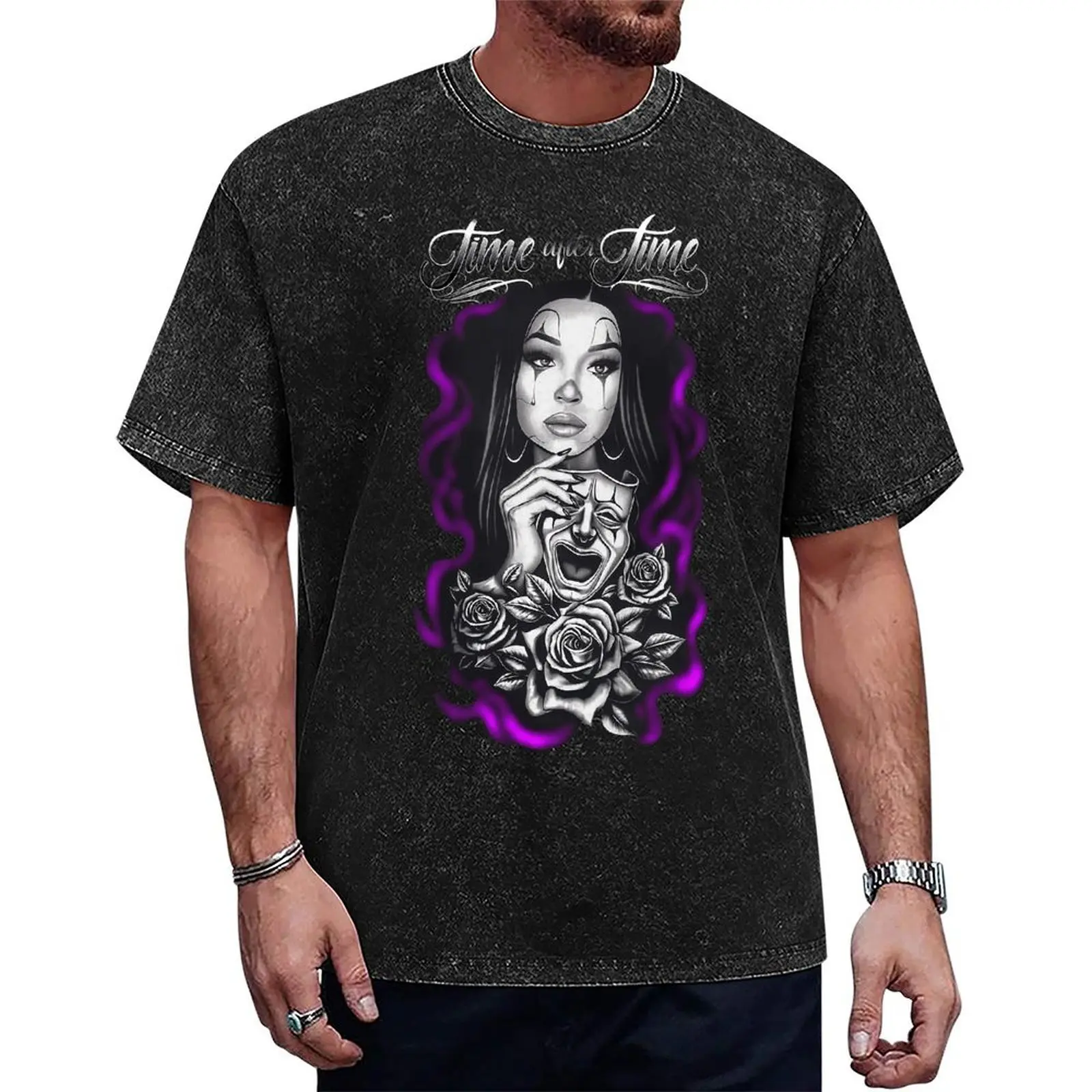 "Time after Time" Men's Short-Sleeve Washed Cotton Sports T-Shirt - Chicano Art-Inspired Cholo Chola Outfit Casual Streetwear for Sports & Outdoor Activities