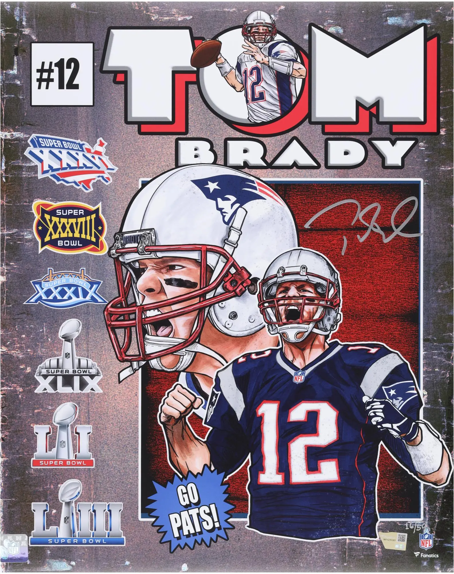 Tom Brady New England Patriots Autographed 16" x 20" Photo Print - Art by Brian Kong - Limited Edition of 50 - Fanatics Authentic Certified