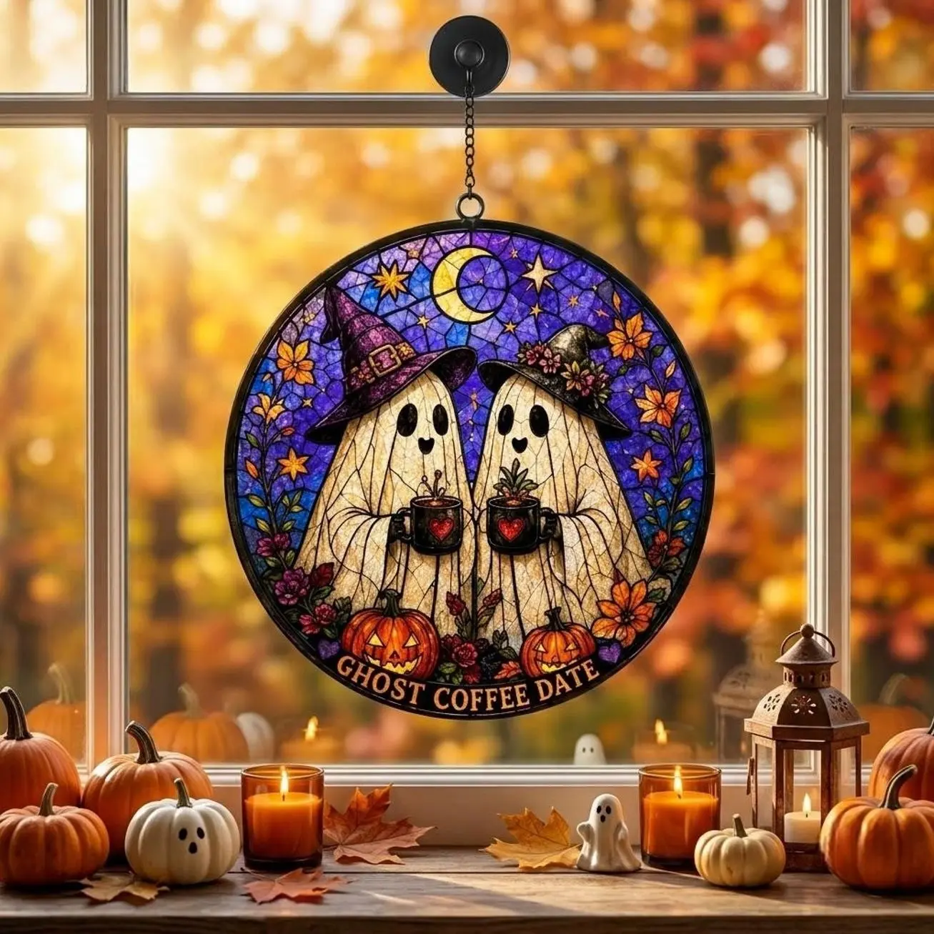 Couple Ghost Glass Suncatcher, Custom Halloween Suncatcher, Spooky Couple Gift, Gothic Home Decor, Anniversary Gift