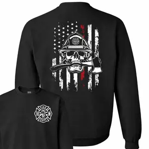 Firefighter Skull Sweatshirt - Skull In Fire Helmet Biting Axe With Distressed American Flag Back Graphic T-Shirt , Fire Dept Chest Badge Print , Patriotic First Responder Theme , Daily Casual Wear