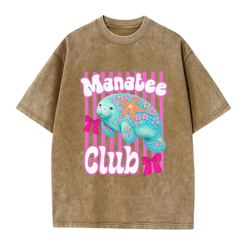Manatee Shirt, Summer Coastal Cute Sea Cow Graphic Tee, Beach Vacation Ocean Lover Shirt, Trendy Pink Striped Manatee Top