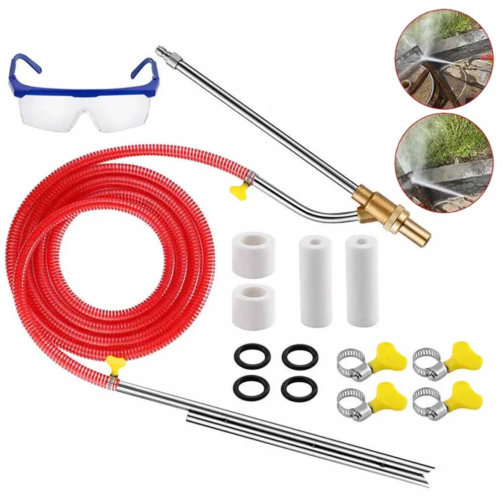 5000PSI Sand Blaster Attachment for Pressure Washer, Abrasive Sandblasting Kit with 16 Inch Wand Ceramic Nozzles Goggles Hose Clamps, Low Dust Design for Rust Paint Graffiti Cleaning