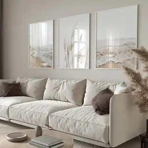 3pcs Set Wooden Frame Sea Landscape Canvas Art, Nordic Beach Pampas Grass Decorations, Living Room Kitchen Wall Art Poster