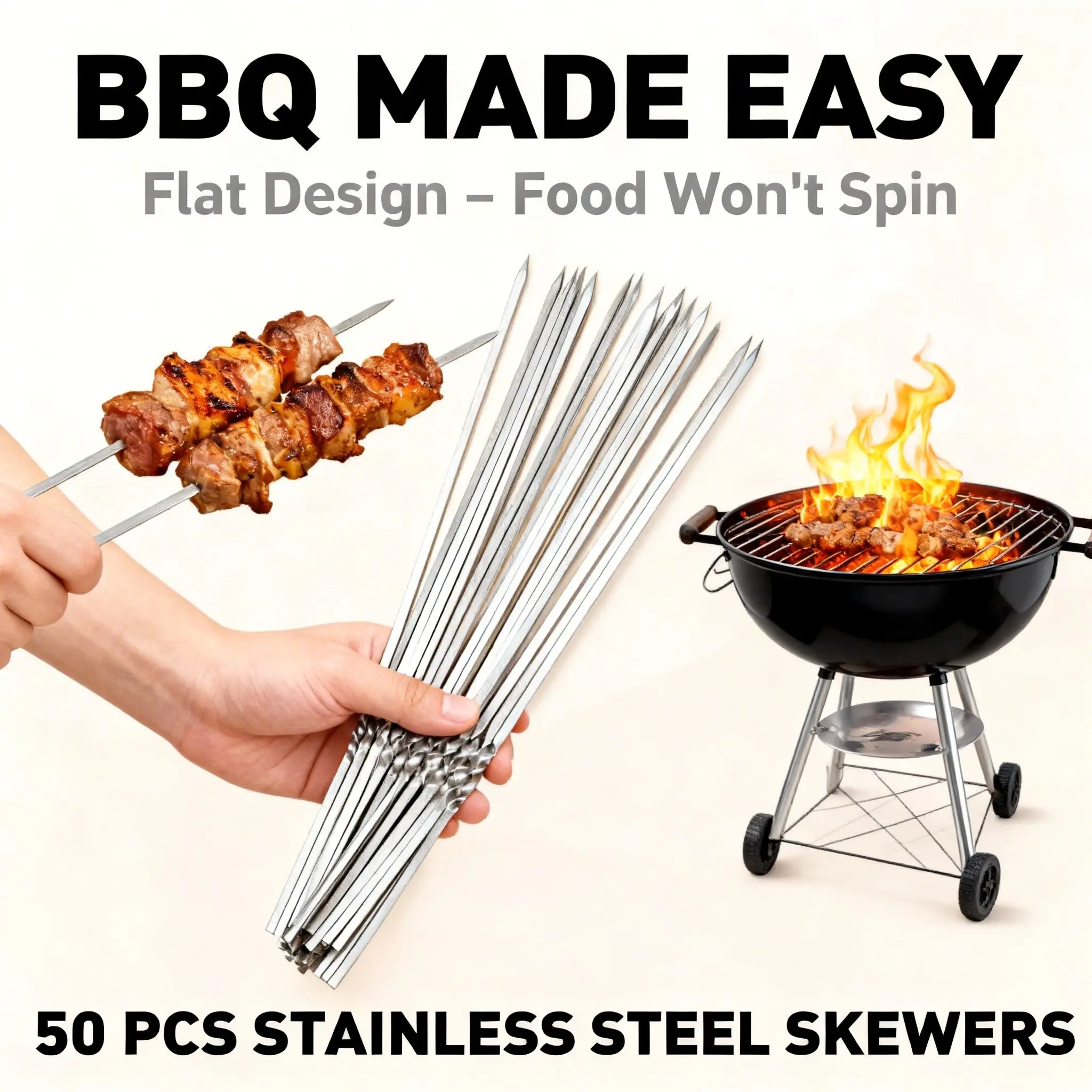50-Piece Stainless Steel BBQ Skewers Reusable Metal Kabob Sticks for Grilling Meat Vegetables Durable Barbecue Utensils Tools Barbecue Accessories