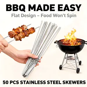 50-Piece Stainless Steel BBQ Skewers Reusable Metal Kabob Sticks for Grilling Meat Vegetables Durable Barbecue Utensils Tools