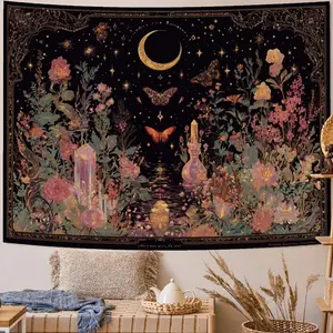 Bohemian Butterfly Tapestry Flower Moon Wall Tapestry, Moon Phase Bedroom Tapestry Cute Tapestry Bedroom Living Room Decoration Wall Hanging, Flower Pattern Tapestry