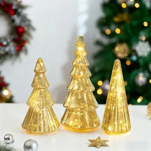 Gold Christmas Centerpieces for Table: Set of 3 Mercury Glass Christmas Tree with Lights Tabletop Xmas Trees with Timer for Decorations Indoor Ornaments Fireplace Mantel Decor