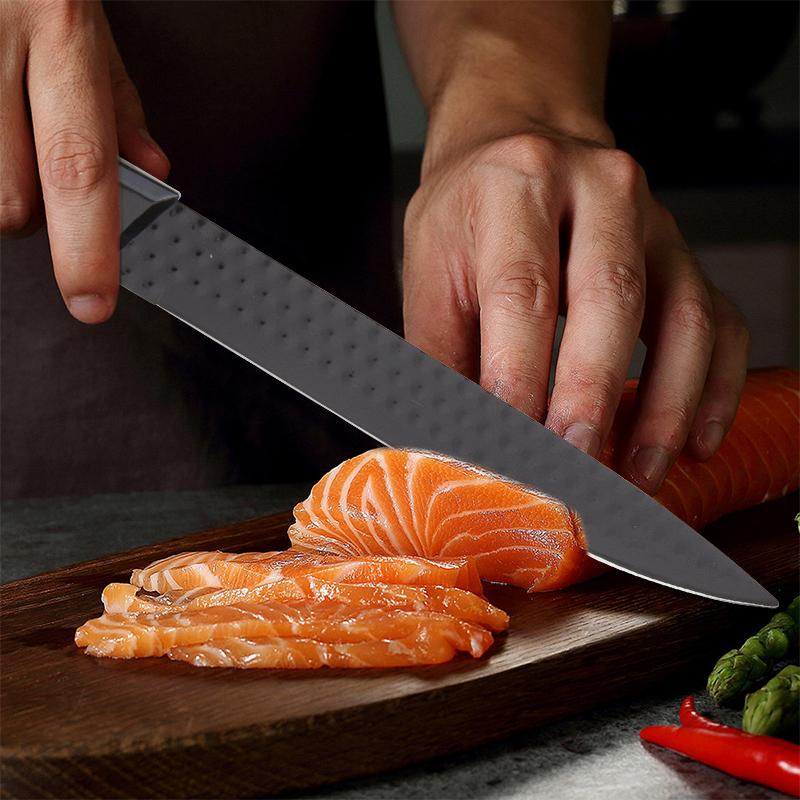 9-Piece Kitchen Knife Set - Black Chef Knife Set with Sharp Blades, Non-Stick Stainless Steel Cooking Knives Set, Ergonomic Wood Grain Handle, Aesthetic Kitchen Knives,Meat Knife Block