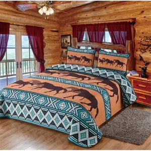212 MAIN Dusk Gallops Southwestern Boho Horse Microfiber Quilted Bedding Set - King Size Quilt, 2 King Size Shams, Multi-Color, Fade-Resistant Polyester Mix, Reptile & Amphibian Habitat Guest Decor, Microfiber Bedding Set