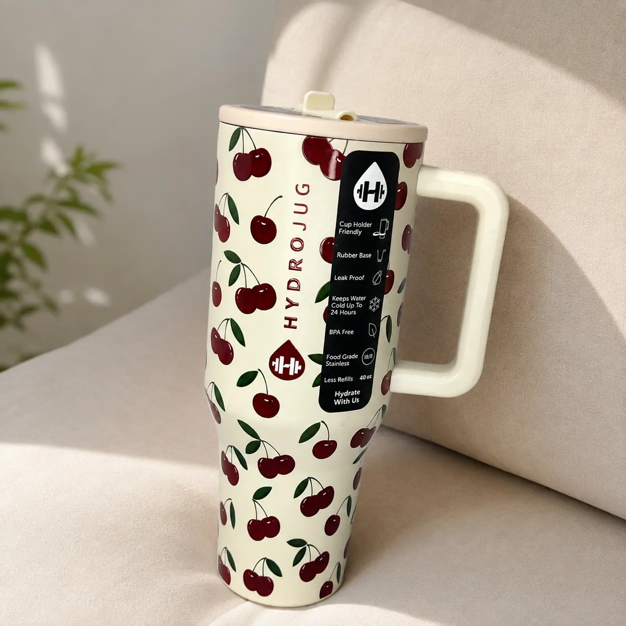 40oz HydroJug Traveler Insulated Stainless Steel Tumbler - Cute Cherry Print, Handle, Straw Lid, Leak-Proof Reusable Drink Cup for Car, Office Use