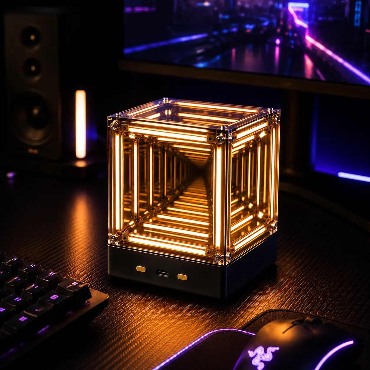 4D Infinity Mirror Cube Light - Wireless Rechargeable Abyss Lamp with 2000mAh Battery, Push-Button 3000K Warm White LED Tunnel Light, Sci-Fi Desk Decor & Cool Room Accessories