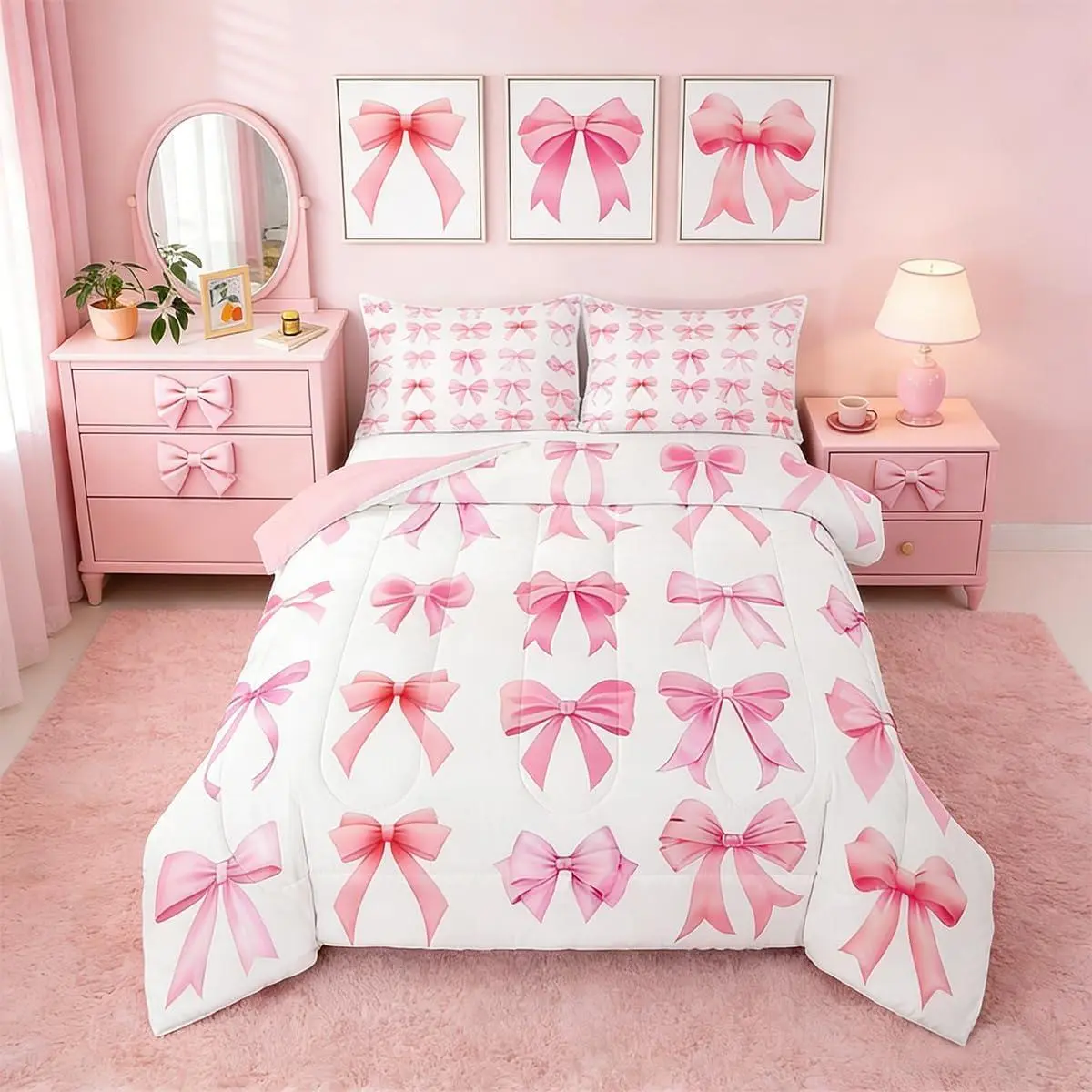 Bowknot Comforter Set Cute Pink Bow Bedding Set for Kids Boys Girls Kawaii Dreamy Princess Duvet Quilt Bedroom Decor Microfiber