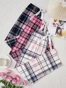 Women's Three-Piece Belted Bow Plaid Print Pajama Pants, Elastic Waist Long Pants, Home Wear Set, Comfortable Sleepwear, Loungewear