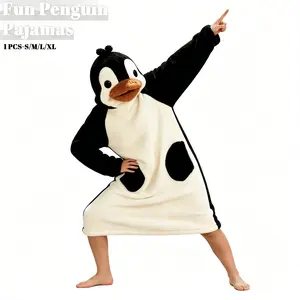Penguin Animal Hooded Wearable Blanket, Oversized Flannel Snuggle Throw, Soft Plush Full-Body Loungewear, Ideal for Halloween & Game Nights