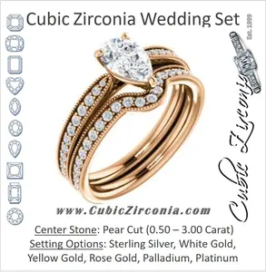 CZ Wedding Set, featuring The Brooklynn engagement ring (Customizable Pear Cut with Cathedral Setting and Milgrained Pavé Band)
