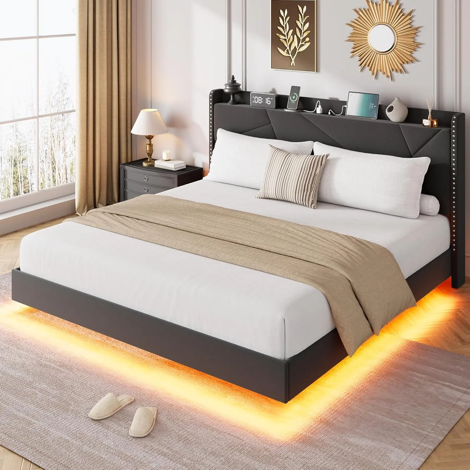 Queen Bed Frame - Floating Upholstered Bed Frame with RGB LED Lights, Charging Station, LED Adjustable Headboard, Storage & No Box Spring Needed (Black), Floating Bed Frames