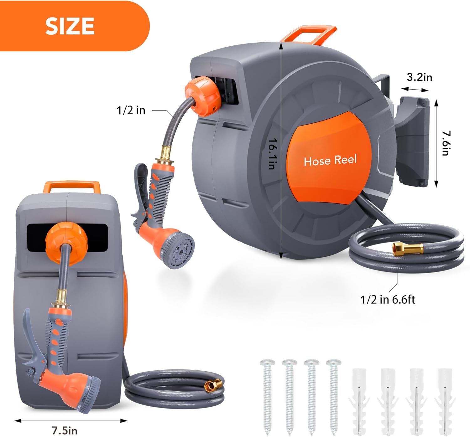 Garden Hose Reel, 1/2 in x 65/100 ft Wall Mounted Retractable Water Hose Reel with 9 Function Sprayer Nozzle, Any Length Lock, 180° Swivel Bracket, Automatic Rewind and Slow Return System Garden Hose Reel, 1/2 in x 65/100 ft Wall Mounted Retractable Water Hose Reel with 9 Function Sprayer Nozzle, Any Length Lock, 180° Swivel Bracket, Automatic Rewind and Slow Return System