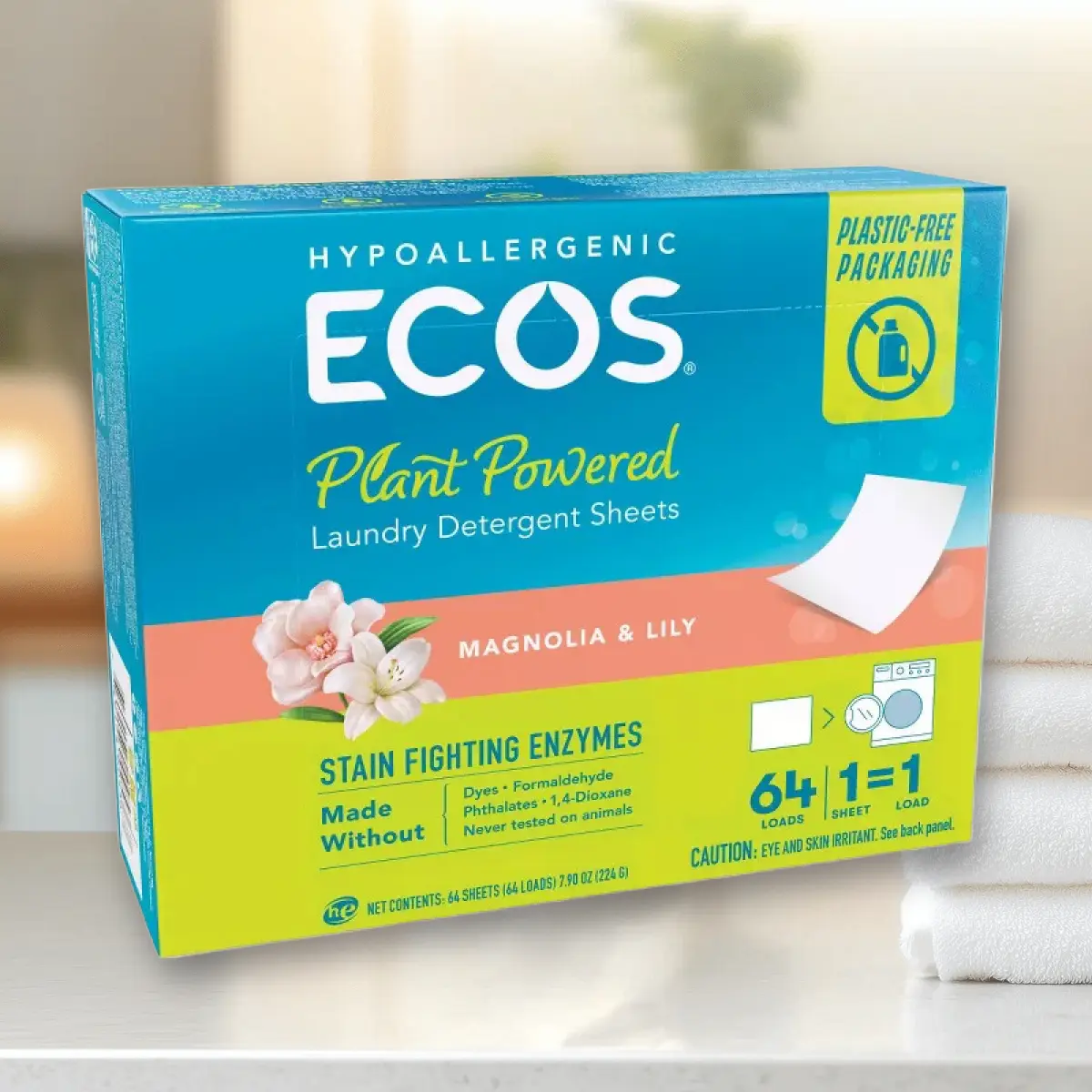 ECOS Plastic-Free Laundry Detergent Sheets Magnolia & Lily - Plastic-Free Laundry Sheets, Magnolia & Lily Scent, 64 Loads, Eco-Friendly, Compostable, 7.9oz