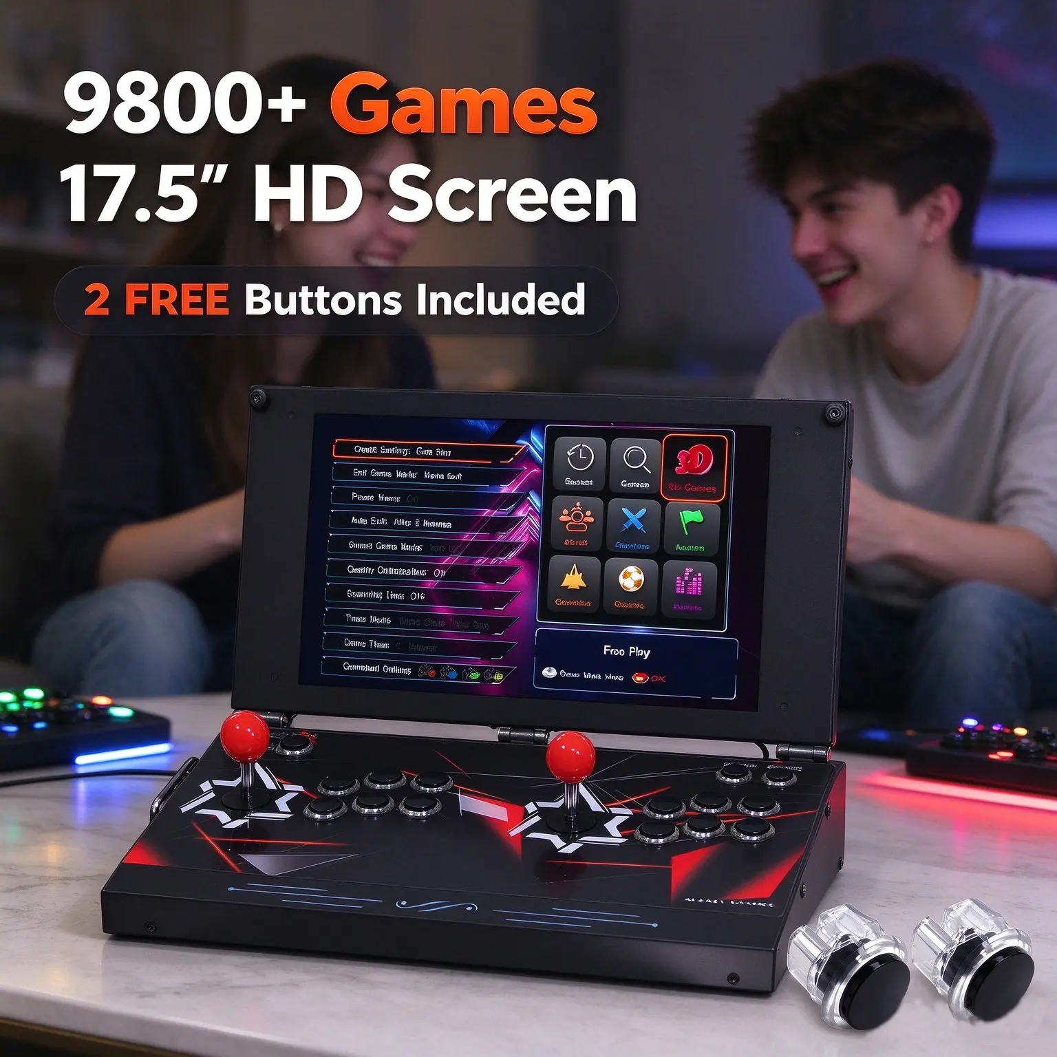 UYXOERA Foldable Portable Arcade Console.  It comes with a 17.5" HD screen, preloaded with 9800+ classic retro games and dual joysticks. Supports save, load and pause. Great for home parties & trips, an ideal gift for men and gaming fans.